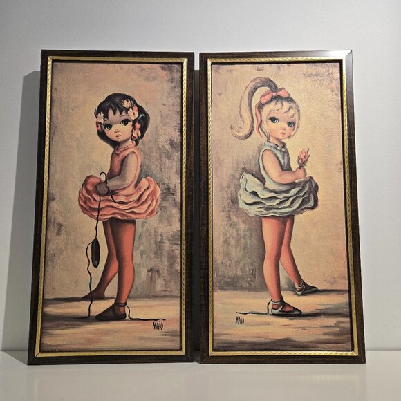Vintage Maio Big Eye Ballerina Prints – 1960s Metal Frame Wall Art – Litho in US - Picture 1 of 16